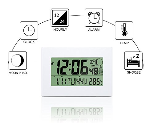 Moon-Phase Clock, HeQiao Digital Wall Clock Large Decorative Silent LCD Battery Powered Desk Shelf Clocks W/ Temperature Calendar Count-Timer for Seniors Elderly Home Office (12 Inch, White)
