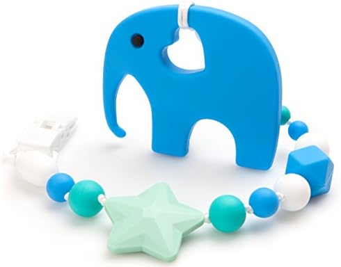 Teething Toy and Universal Pacifier Clip for Boys - Elephant Teether and Binky Holder Set - Best as Baby Shower Gift - Food Grade BPA Free Silicone - Blue - Baby Elefun