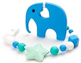 Teether Pacifier Clip + Elephant Teething Toy, Set For Babies (Girl - Boy), With 100% BPA Free Silicone, Best Holder For Binky, WubbaNub, NUK, Soothie AVENT And MAM Pacifiers - Trendy Baby Shower Gift
