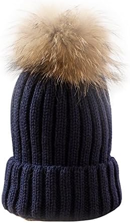 B1ST Women Girls Beanie Real Raccoon Fur Pom Pom Pompon Ball Winter Hats Knit Beanie Crochet Ski Cap (Black)