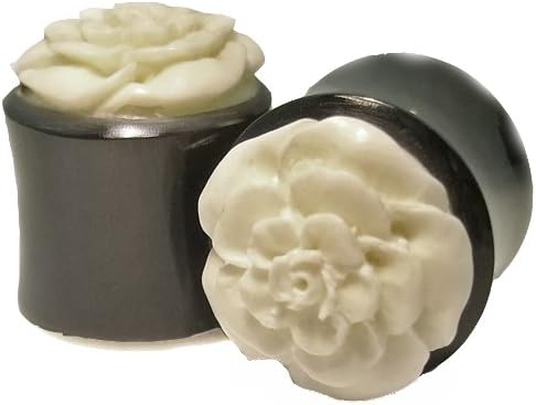 Angst BodywarePair of 00G 10mmOrganic Hand Carved Horn Bone Flower Ear Plugs Gauges