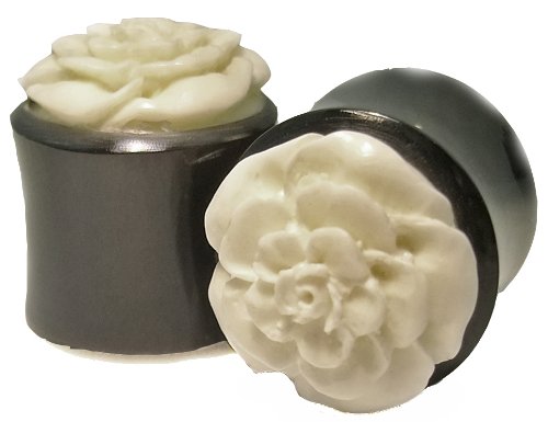 Angst BodywarePair of 00G 10mmOrganic Hand Carved Horn Bone Flower Ear Plugs Gauges
