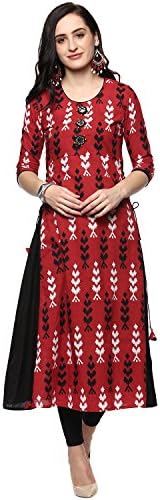 Ayan Fashions Women's Cotton A-Line Kurta (Red::Black)