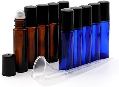 WterLuu 10 Pack 10ml Glass Roller Bottles(5 Amber,5 Blue) with Removable Stainless Steel Roller Ball,Perfect For Essential Oil,Perfume Oils and Mosquito repellent liquid