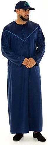 Al noor Mens Designer Dubai Jubba Round Neck Thobe Omani Arab Jubbah in Blue