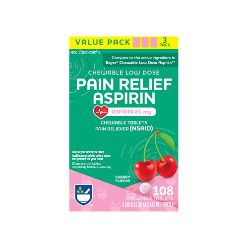 Rite Aid Adult Low Dose Aspirin 81 mg, Chewable Tablets Pain Reliever, Cherry Flavor, 3 Bottles