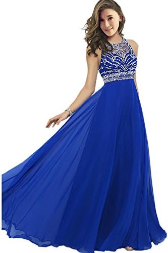 MOBAI Women's A-Line Sweep Train Sparkly Beading Evening Prom Dresses (12, Blue)