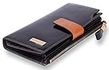 Borgasets Women's Large Capacity Genuine Leather Trifold Wallet with Zipper Pocket Smartphone Purse Clutch (Black)