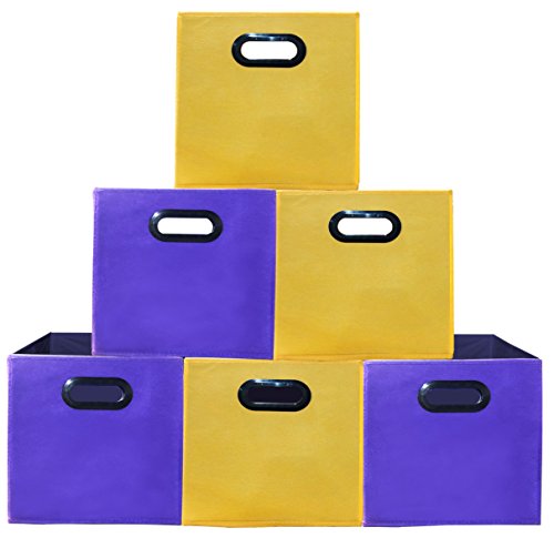 (6pack Yellow+Purple) Premium Style Storage Bins, Containers, Boxes, Tote, Baskets| Collapsible Storage Cubes Household Organization |Plastic Handles | Storages Drawer (3 Yellow 3 Purple Cubes) - Thumbnail 3