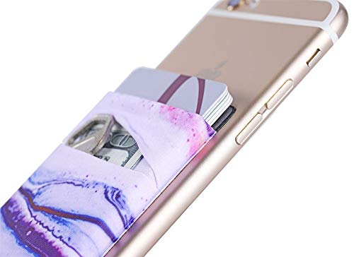 2Pack Phone Card Holder Stretchy Lycra Stick on Wallet Pocket Credit Card ID Case Pouch Sleeve 3M Adhesive Sticker for Back of iPhone Samsung Galaxy Android Smartphone-Sand Marble Purple Double Pocket