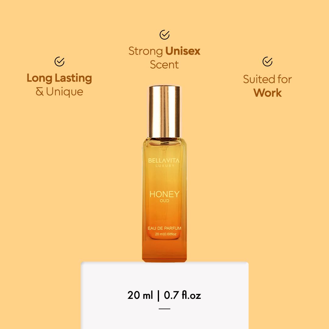 BellaVita Luxury Honey OUD Eau de Parfum Travel Size Edition 20 ml | Long-Lasting Mini Perfumes for Women | Notes: Patchouli, Vanilla, Bergamot & Spicy Notes | Pocket Perfume for Women | Vegan Perfume
