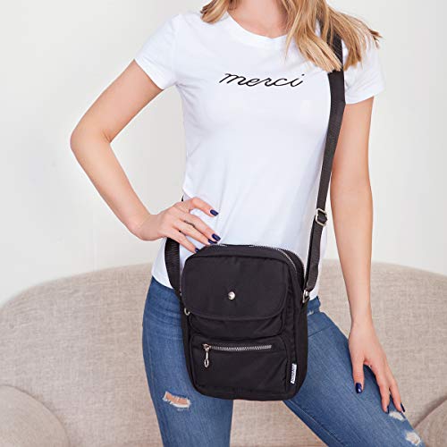 Crossbody Bag for Women, JOSEKO Multi-Pocketed Nylon Shoulder Bag Purse Travel Passport Bag Messenger Bag Black 7.87''(L) x 2.76''(W) x 10.24''(H)