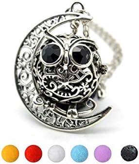 SisFrog Aromatherapy Essential Oil Diffuser Locket Necklace Zircon Eyes Owl Moon Pendant with 1 Lava Stone & 5 Cotton Balls, Birthday, Christmas Gifts for Women, Girls, Mother