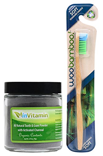 Natural Tooth & Gum Powder with Activated Charcoal, 2.75oz + 1 WooBamboo Toothbrush