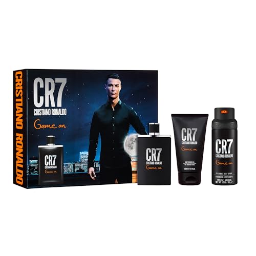 Cristiano Ronaldo CR7 Game On Set de Regalo - Colonia Deportiva y Audaz para Hombres con Notas Amaderadas - Spray Corporal y Gel de Ducha - 3 pz