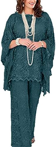 LoveeToo Women's 3 Pieces Sexy Lace Mother of Bride Dress Pant Suits Long Sleeves for Wedding Groom