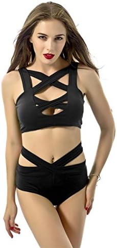 SYNN 2018 Women's Sexy Criss Cross High Waist Bandage 2PCS Bikini Set Swimsuit (L, Black)
