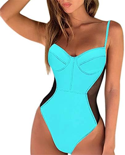 One Piece Swimsuits for Women Monokini Tummy Control Swimwear Patchwork V Neck Push-Up Padded Bra Bathing Suits (L, Blue)