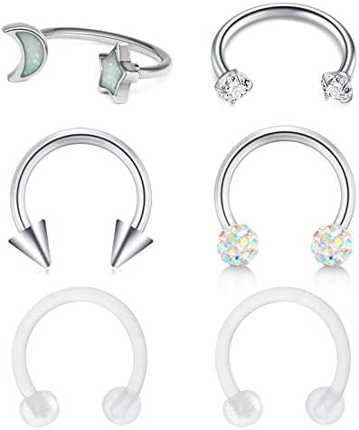 Zolure 6PCS 16G Septum Rings CZ Crystal Arrow Star Moon Horseshoe Rings 10mm Stainless Steel Nose Lip Eyebrow Rings Bioflex Tragus Cartilage Daith Helix Earrings Retainer
