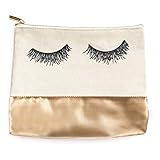Eyelashes Gold Leather Makeup Bag | Large Chic Make-Up Organizer Travel Toiletry Accessories Pencil Case Cosmetic Clutch Bridesmaid Gift for Her Hand Drawn
