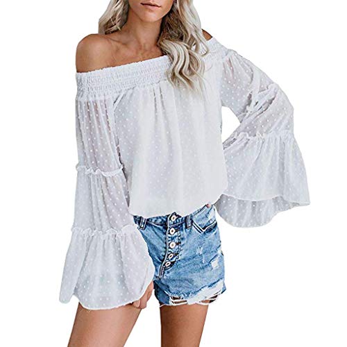 image for Emimarol Womens Shirts Off The Shoulder Tops Long Bell Sleeve Flared C
