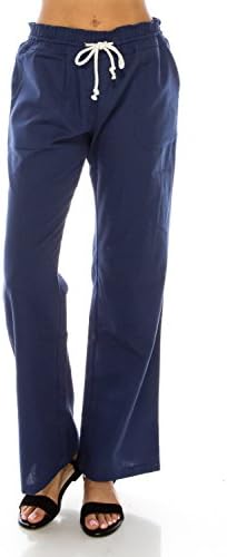 Me in California Women's Comfy Casual Smocked Waistband Drawstring Beach Linen Trouser with Pockets Indigo Large LP1004