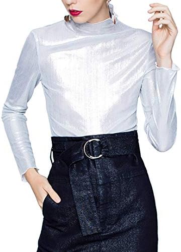 Tynora Women Long Sleeve Shiny Metallic High-Necked Tops Sweater Shirt Blouse