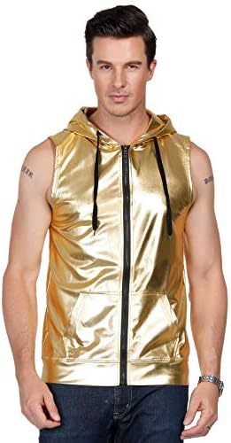 Percy Perry Men's Hooded Drawstring Stylish Bright Surface Zip Vest Waistcoat