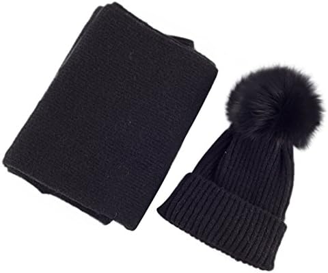 Warm Winter Wool Knit Hat and Scarf Set,Real Fox Fur Pom Pom Beanie Hats
