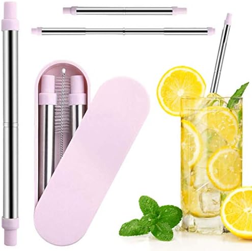 SOUL PROJEKT Reusable Straws Stainless Steel (Pink) – Telescopic 13cm/23cm Metal Drinking Straw with Cleaning Brush & Case – Perfect for Cocktails, Beverages & Iced Tea