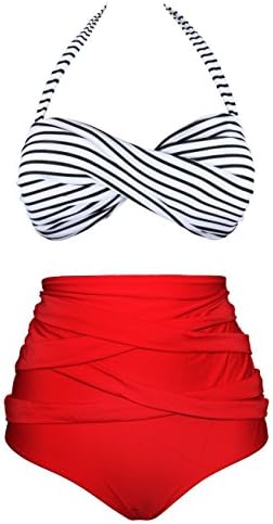 EasyMy Halter Vintage Stripped High Waist Swimsuit Swimwear