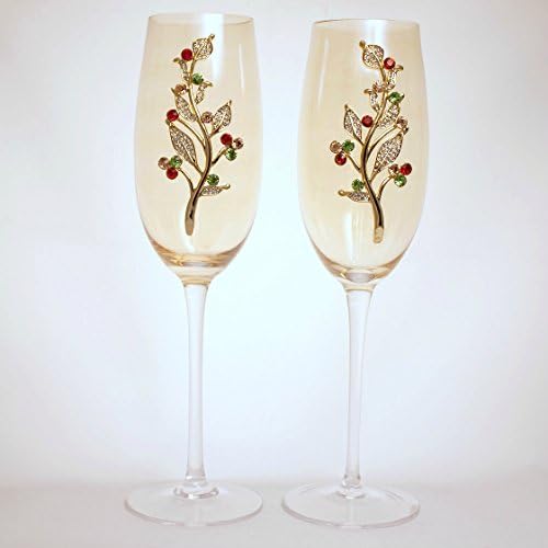 Hand Blown Golden Champagne Glasses with Festive Red, Green and Gold Gems and White Crystal Rhinestone Leaves (Set of 2)