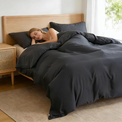 Simple&Opulence Duvet Cover King Size 100% Viscose Derived from Bamboo, 3 PCS Pure Breathable Cooling Silky Soft Bedding for Hot Sleepers Moisture-Wicking Comforter Cover Set, Dark Grey