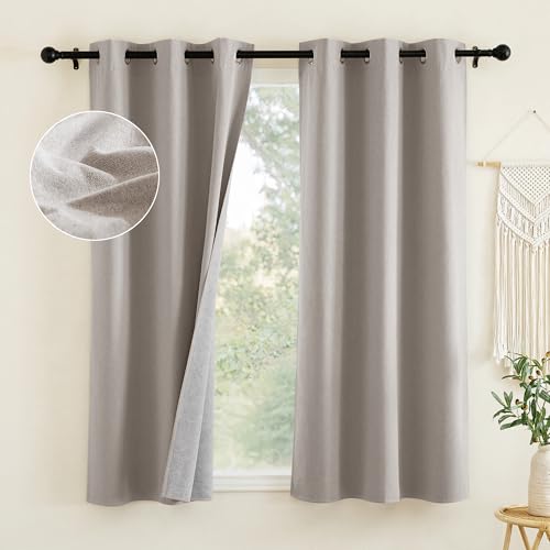 NICETOWN Natural Thick Faux Linen Blend 100% Blackout Curtains 63" Long 2 Panels Set for Bedroom, 42" Wide, Thermal Insulated Flax Textured Full Blackout Window Draperies with White Liners