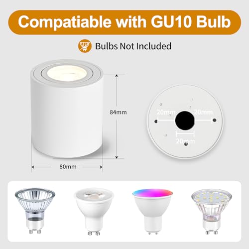 YindaLux Pack of 6 Surface-Mounted Spotlights, White, 30° Swivelling Surface-Mounted Spotlight with GU10 Socket, Diameter 80 x 84 mm, Aluminium Surface-Mounted Ceiling Spotlights, 230 V Surface Mounted Light for Bedroom, Office, Hotel, Round (without GU10 Lamp)