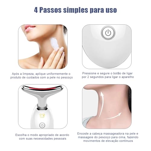 Massageador Facial LED 3 Cores com EMS e Aquecimento, Lifting Facial, Redução de Rugas e Papada, Estimulador de Colágeno Recarregável para Pescoço