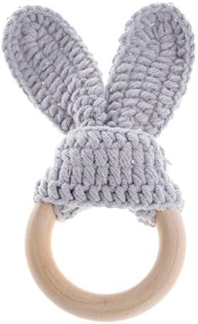 Peachshop Safety Natural Baby Wooden Teething Wood Chewie Teether Toys With Rabbit Ear Fabric(Gray)