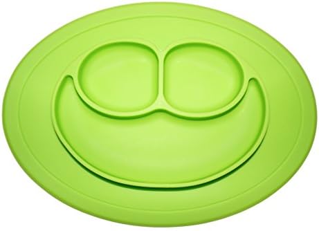 Silicone Baby Placemat Happy Face Round Non Slip With Built in Plate Bowl Tray Best for Children Kids Toddlers (Green)