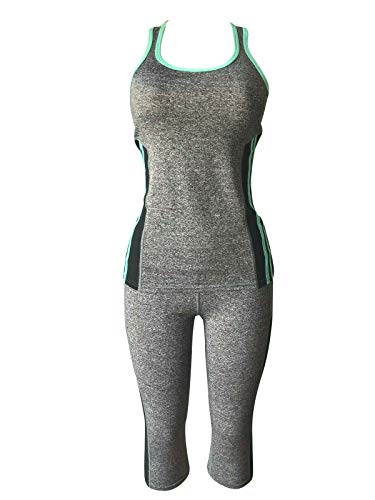 Women Gym Yoga Workout Activewear Set 2 Pieces Top+Leggings Set Sportswear (L/XL = US 8-12, Mesh Mint Green/Grey)