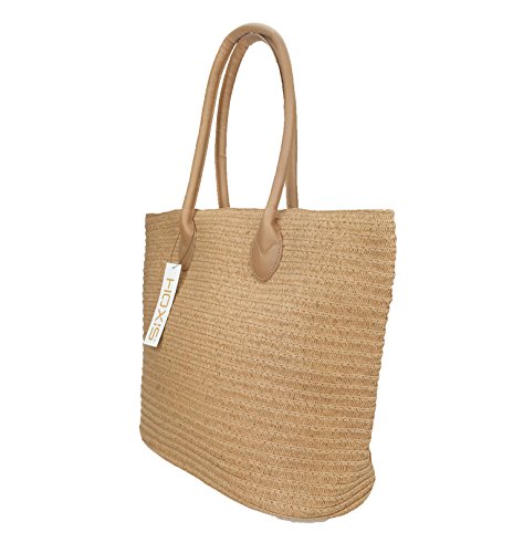Hoxis Beach Rattan Woven Braid Pu Leather Deco Tote Women Shoulder Handbag (Brown)