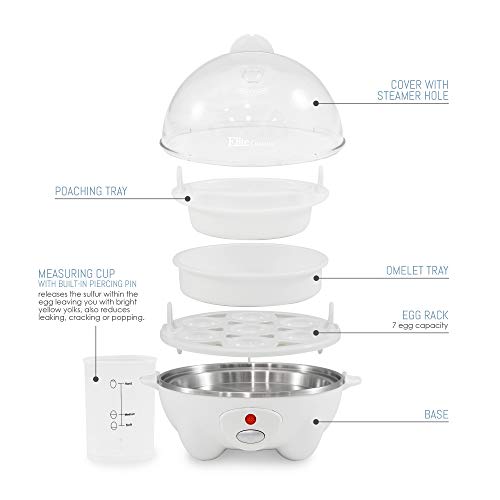 Elite Cuisine EGC-611 Easy Electric Poacher, Omelet & Soft, Medium, Hard-Boiled Deviled Egg Cooker with Auto-Shut off and Beep Alert, 7 Capacity, White