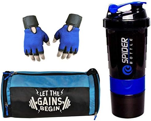 Let The Gains Begin Sports and Gym Combo Fitness Kit Polyester Gym Bag with Leather Gym Gloves (Free Size) and Spider Shaker (2 Extra Storage Compartment 500 ml) (Blue) for Men and Women