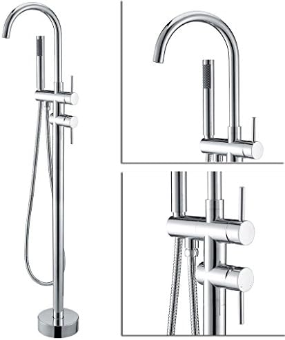 Floor Mount Bathtub Faucet Freestanding Tub Filler with Handheld Sprayer, Brass, Chrome Finish