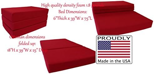 D&D Futon FurnitureShikibuton Trifold Foam Bed, Folding Mattress, Ottoman, Twin Size Red, 75 x 39 x 6 Thickness