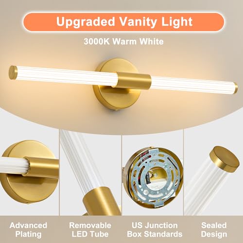 Dimmable LED Oro Baño Vanidad Luces 360 ° Iluminación Completa Baño Lámparas Sobre Espejo 22 pulgadas Moderno Vanidad Barra de Luz Luz Cálida | Luz de baño brillante de 360°, luz de cambiador regulable, aplique de pared con cable 3000 K, blanco cálido para espejo