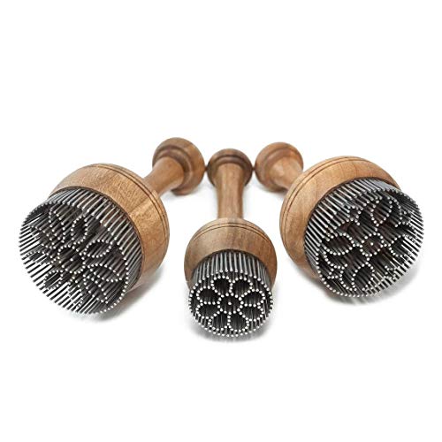 Unique-three-piece-set-of-handmade-walnut-Uzbek-bread-stamps-236-236-118-in-diameter-original-Uzbek-gifts-for-bakers-BONUS