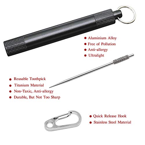 PPFISH Pocket Toothpick Holder keychain - Waterproof Aluminium Alloy Toothpick Box Container & Titanium Toothpick Ultralight Travel Kits (Black Aluminum + TI)