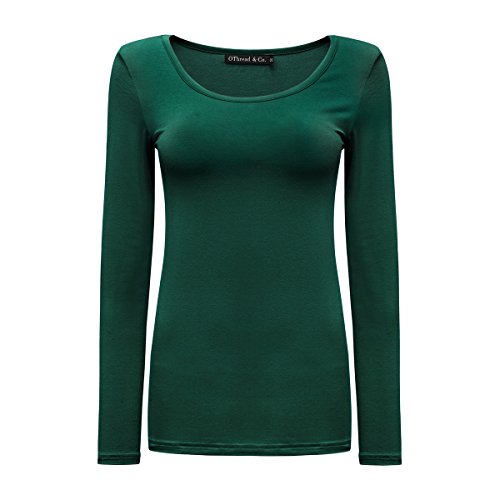 OThread & Co. Women's Long Sleeves T-Shirt Scoop Neck Plain Basic Spandex Tee (Medium, Forest Green)