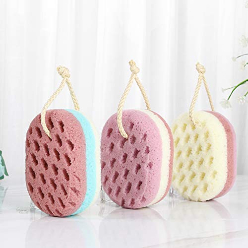 KECUCO 3 Pcs Soft Bath Sponge for Women, Men, Kids, 100% All Natural Fiber Gentle & Soothing Body Sponge, 3 Different Colors and Extra Large Size XL with Fine, Soft, Rich Foam (for Children/Kids)