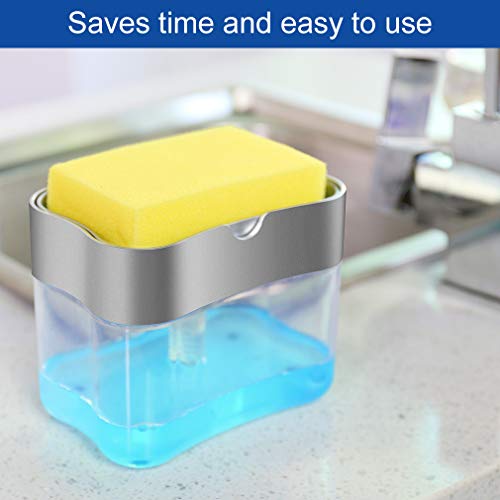 Aeakey Soap Pump Dispenser and Sponge Holder for Kitchen Sink Dish washing Soap dispenser 13 ounces (Silver)